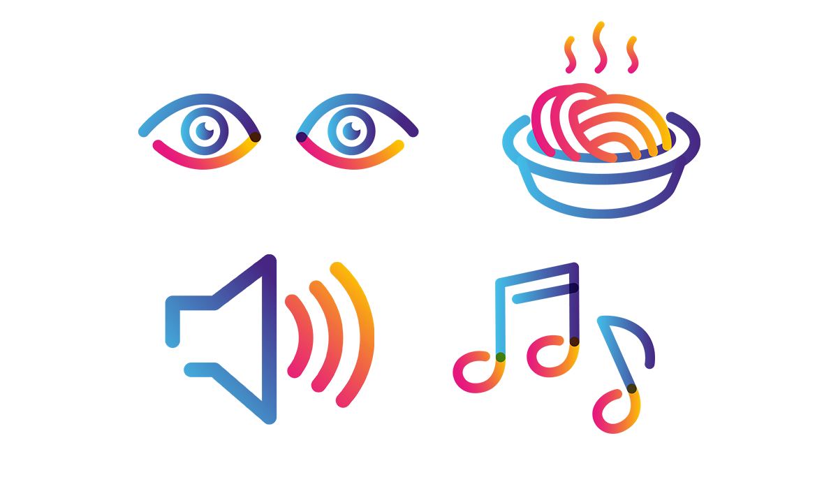 eyes, pasta dish, volume and music note icons